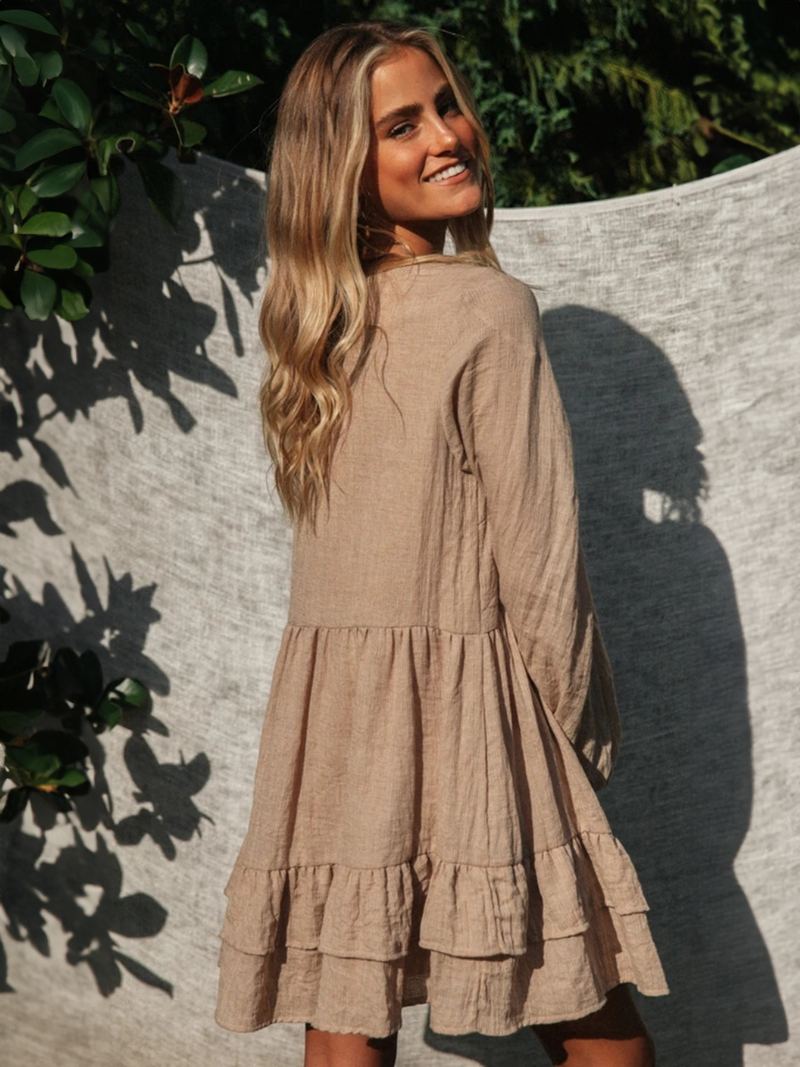 Kvinners Boho Kjole Sash V-hals Langermet Oversized Strandkjole - Kaffe Brun