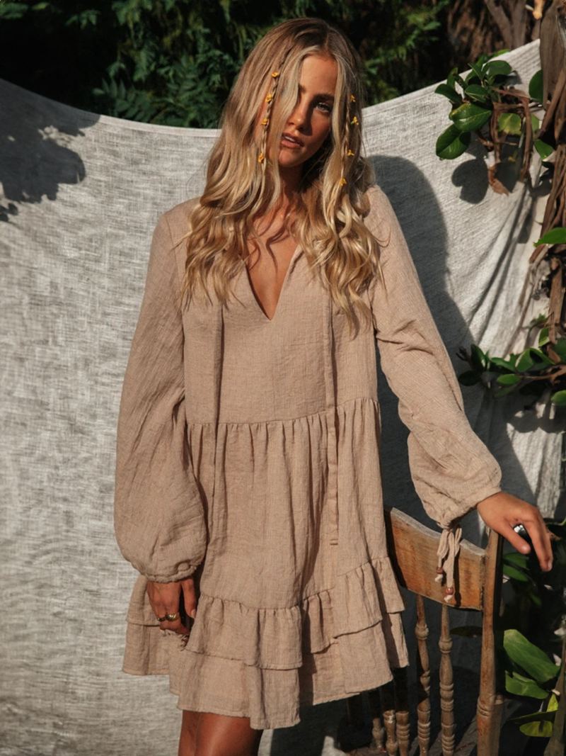 Kvinners Boho Kjole Sash V-hals Langermet Oversized Strandkjole - Kaffe Brun