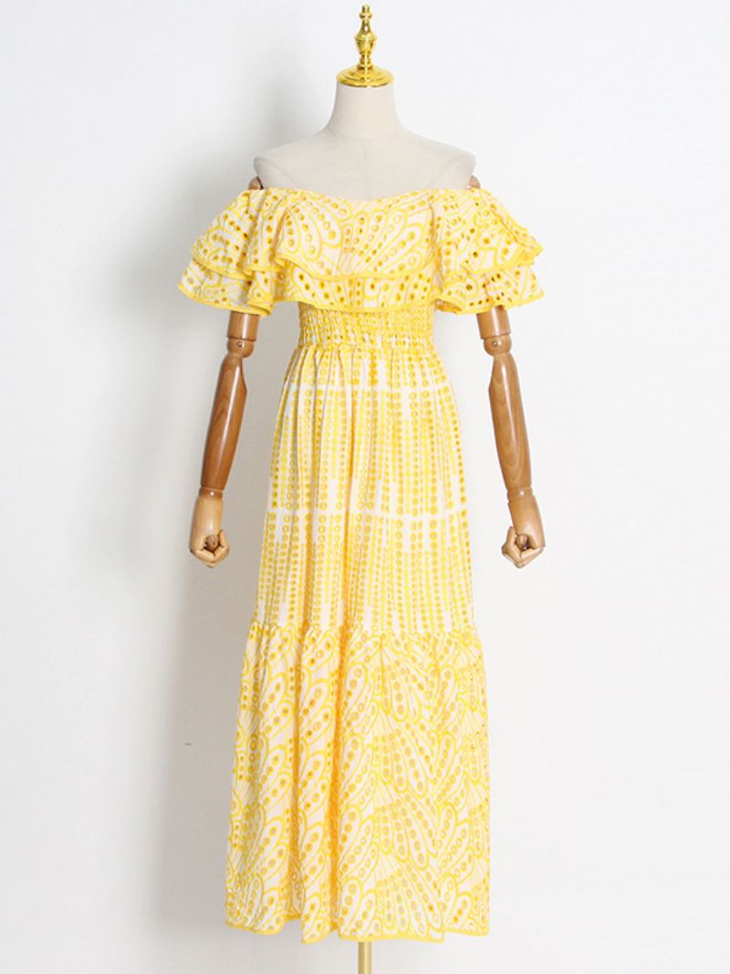 Kvinners Boho Kjole Stroppløs Bateau Neck Ermeløs Lace Summer Dress - Gul