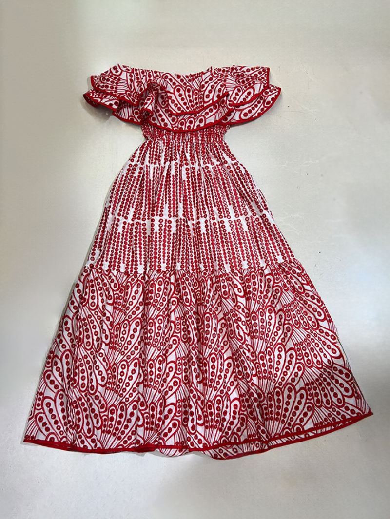 Kvinners Boho Kjole Stroppløs Bateau Neck Ermeløs Lace Summer Dress - Rød