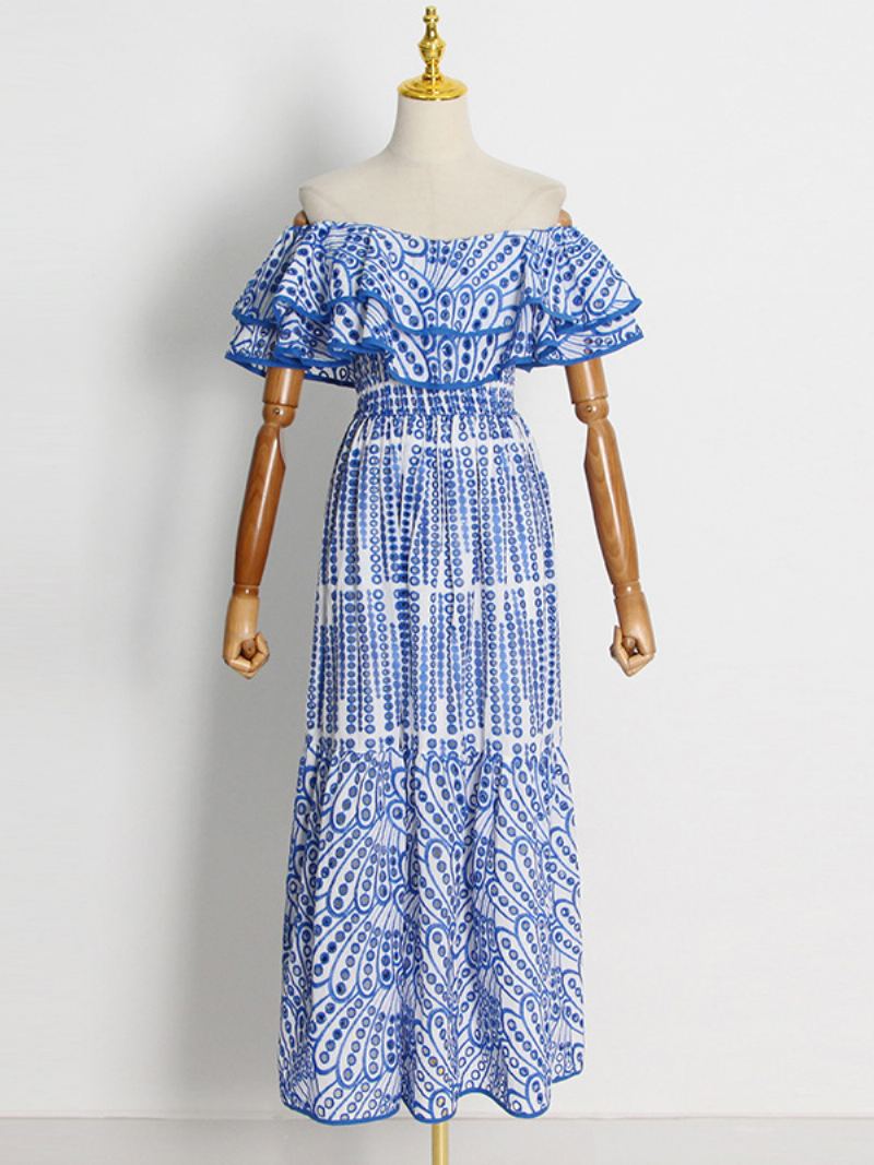 Kvinners Boho Kjole Stroppløs Bateau Neck Ermeløs Lace Summer Dress - Lys Himmelblå