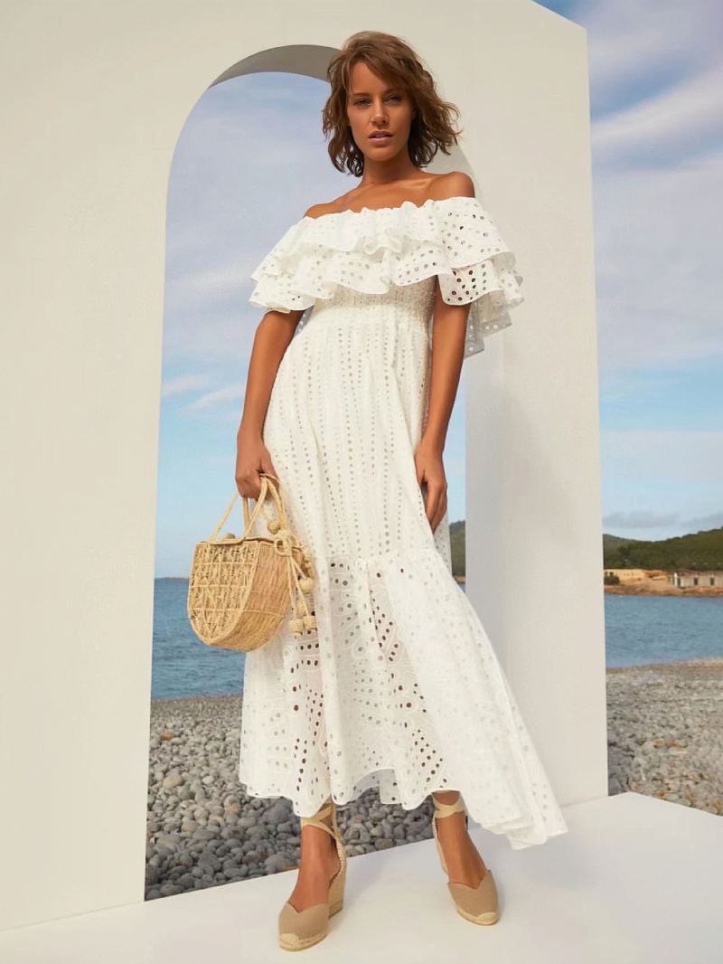 Kvinners Boho Kjole Stroppløs Bateau Neck Ermeløs Lace Summer Dress - Hvit