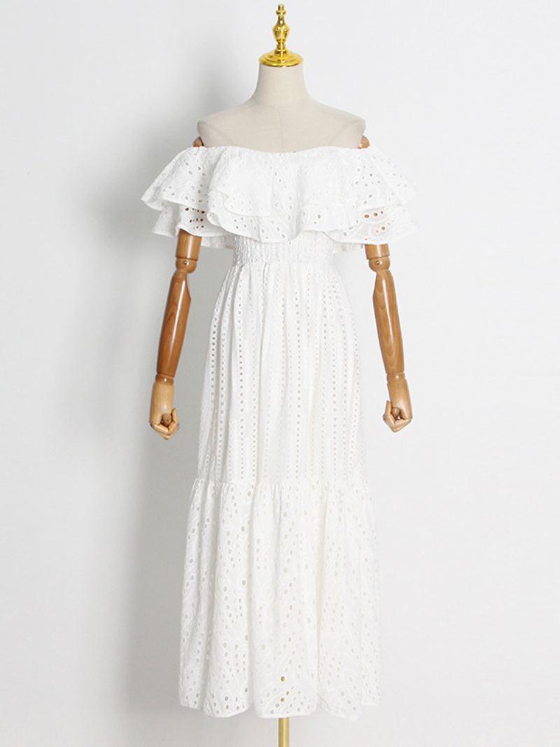 Kvinners Boho Kjole Stroppløs Bateau Neck Ermeløs Lace Summer Dress - Hvit