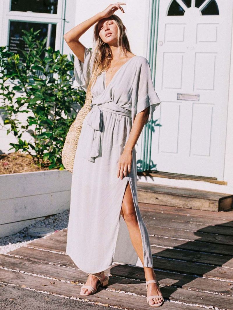 Kvinners Boho-kjole Stupe Halve Ermer Belted Summer Beach Maxi-kjoler - Lys Grå