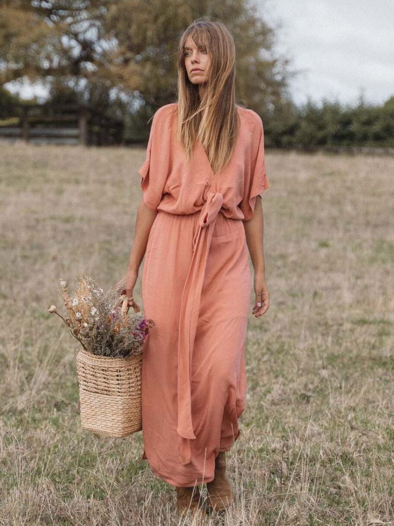 Kvinners Boho-kjole Stupe Halve Ermer Belted Summer Beach Maxi-kjoler - Rosa