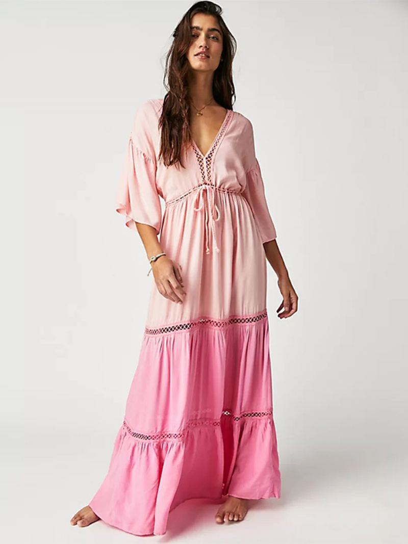 Kvinners Boho-kjole V-hals Low-cut Rygg Ruffles Lagdelt Hule Maxi-kjoler