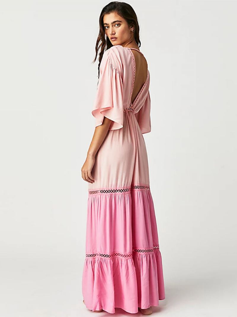 Kvinners Boho-kjole V-hals Low-cut Rygg Ruffles Lagdelt Hule Maxi-kjoler - Rosa