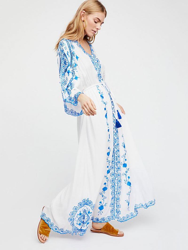 Kvinners Boho Maxi-kjole V-hals Med Lange Ermer Brodert Sommerkjole