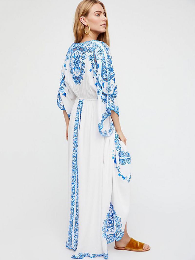 Kvinners Boho Maxi-kjole V-hals Med Lange Ermer Brodert Sommerkjole - Hvit