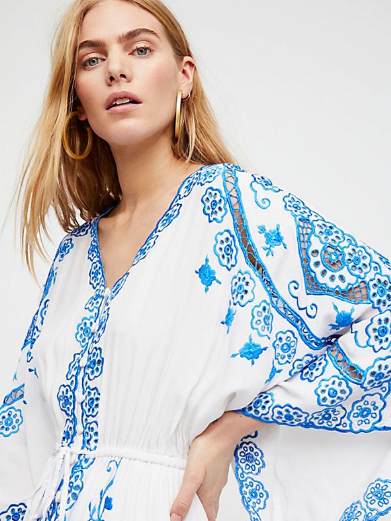 Kvinners Boho Maxi-kjole V-hals Med Lange Ermer Brodert Sommerkjole - Hvit