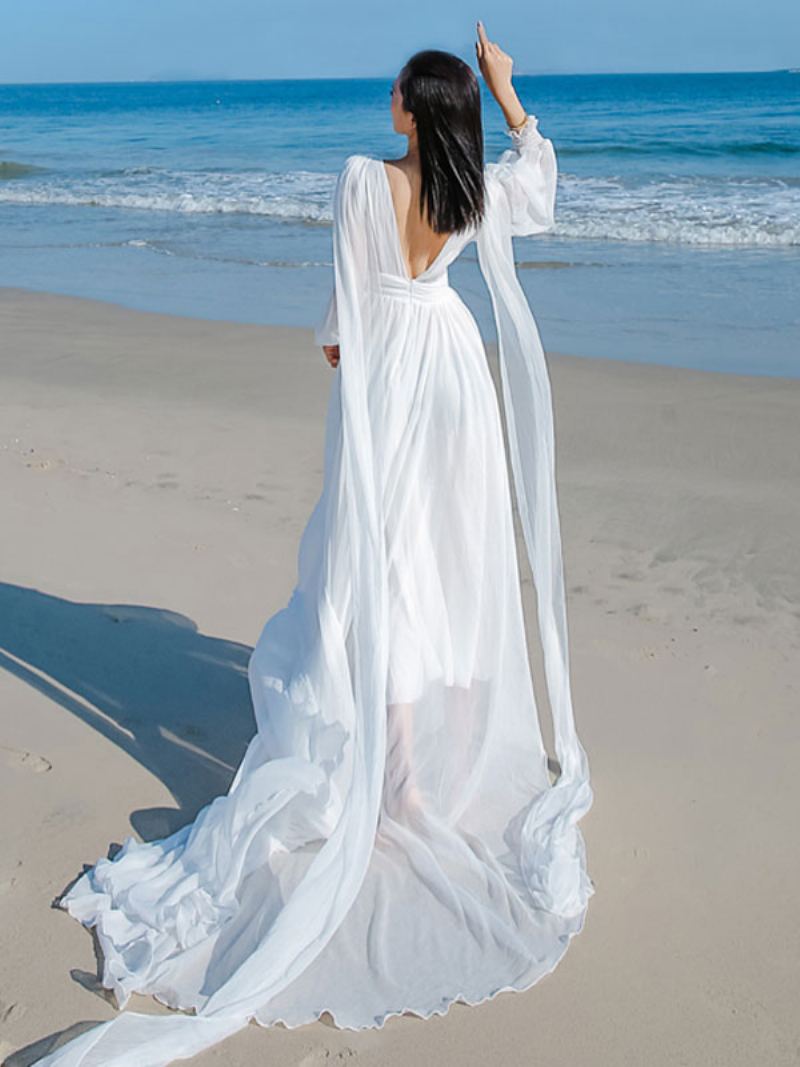 Kvinners Fairy White Maxi Dress Plunge V-back Illusion Tyll Overlay Festkjoler - Hvit