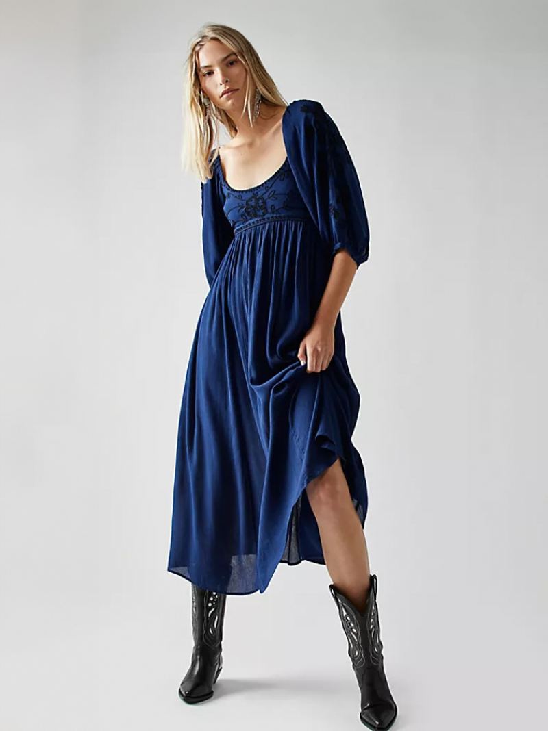 Mørk Marineblå Boho-inspirert Kjole For Kvinner Med Trykt Bodice Ruched Casual Beach Maxi-kjoler