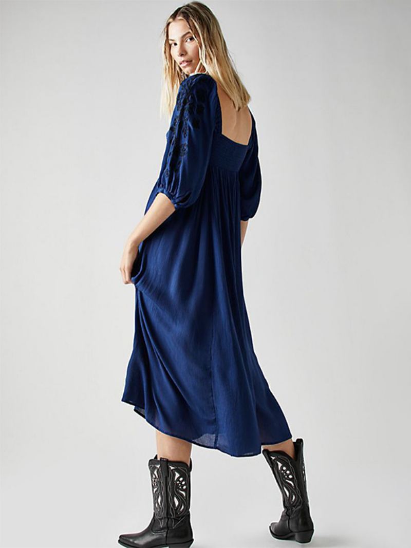 Mørk Marineblå Boho-inspirert Kjole For Kvinner Med Trykt Bodice Ruched Casual Beach Maxi-kjoler - Mørk Navy