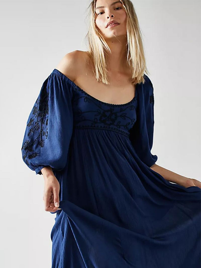 Mørk Marineblå Boho-inspirert Kjole For Kvinner Med Trykt Bodice Ruched Casual Beach Maxi-kjoler - Mørk Navy