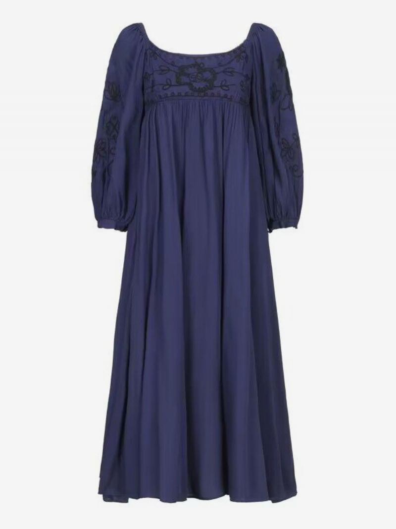 Mørk Marineblå Boho-inspirert Kjole For Kvinner Med Trykt Bodice Ruched Casual Beach Maxi-kjoler - Mørk Navy