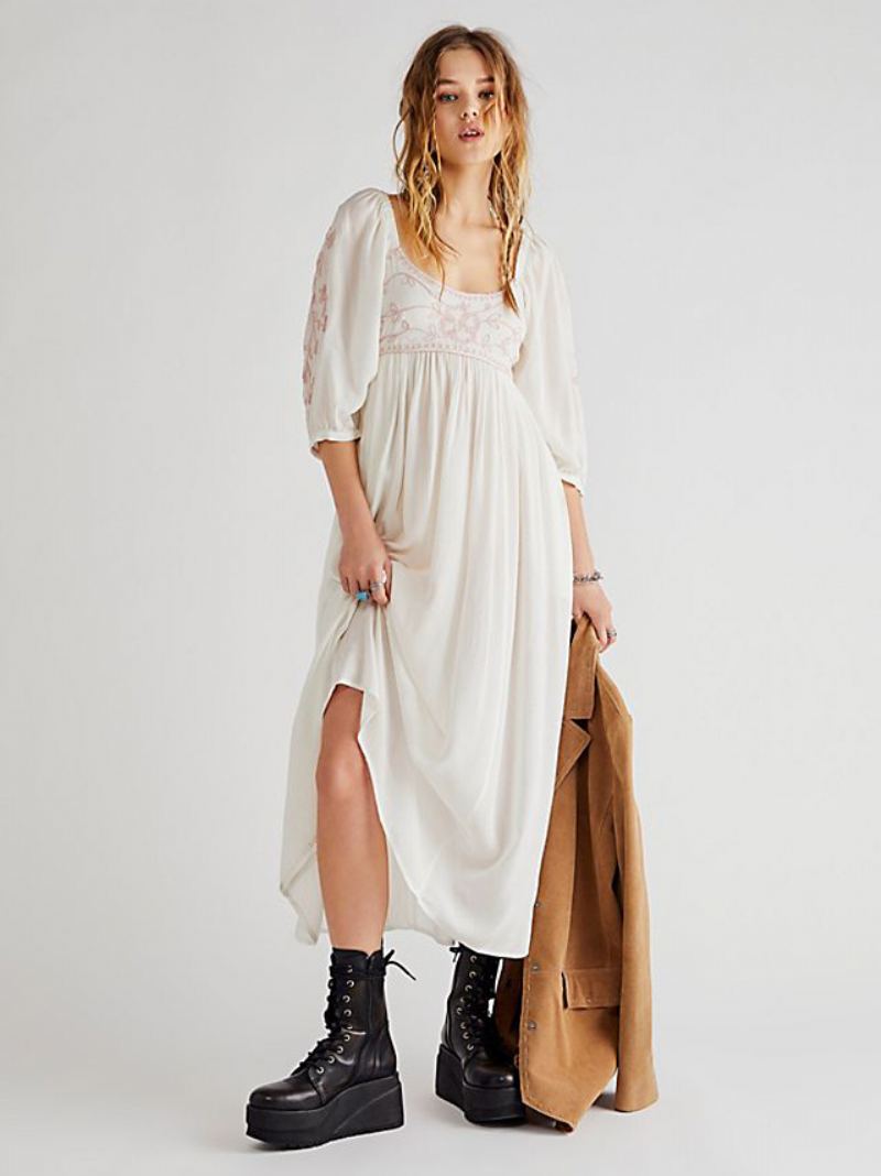 Mørk Marineblå Boho-inspirert Kjole For Kvinner Med Trykt Bodice Ruched Casual Beach Maxi-kjoler - Beige