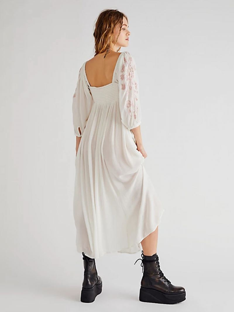 Mørk Marineblå Boho-inspirert Kjole For Kvinner Med Trykt Bodice Ruched Casual Beach Maxi-kjoler - Beige