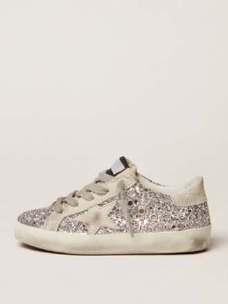 Glitter Sneakers For Barn I Sølvstjernemønster Med Snøre På Skatesko