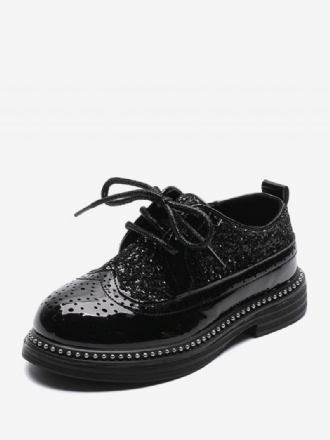 Kjolesko Til Gutter Brogue Black Glitter Rund Toe Lace Up Formelle Festsko