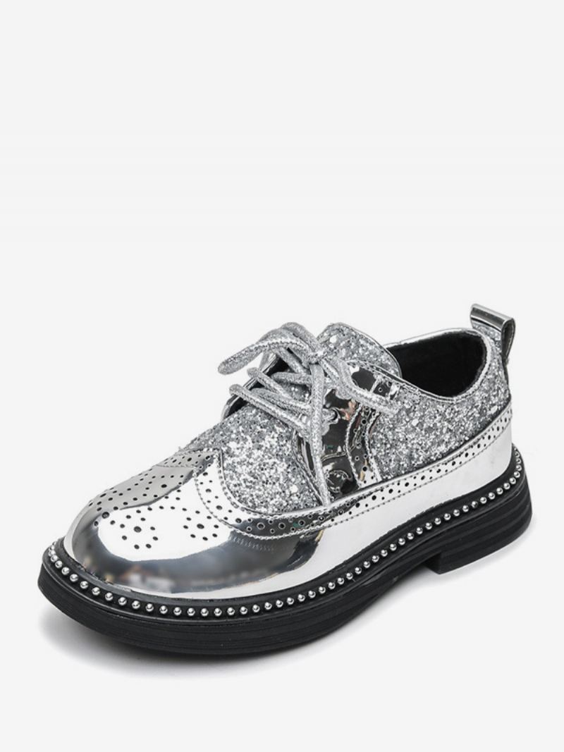 Kjolesko Til Gutter Brogue Black Glitter Rund Toe Lace Up Formelle Festsko - Sølv