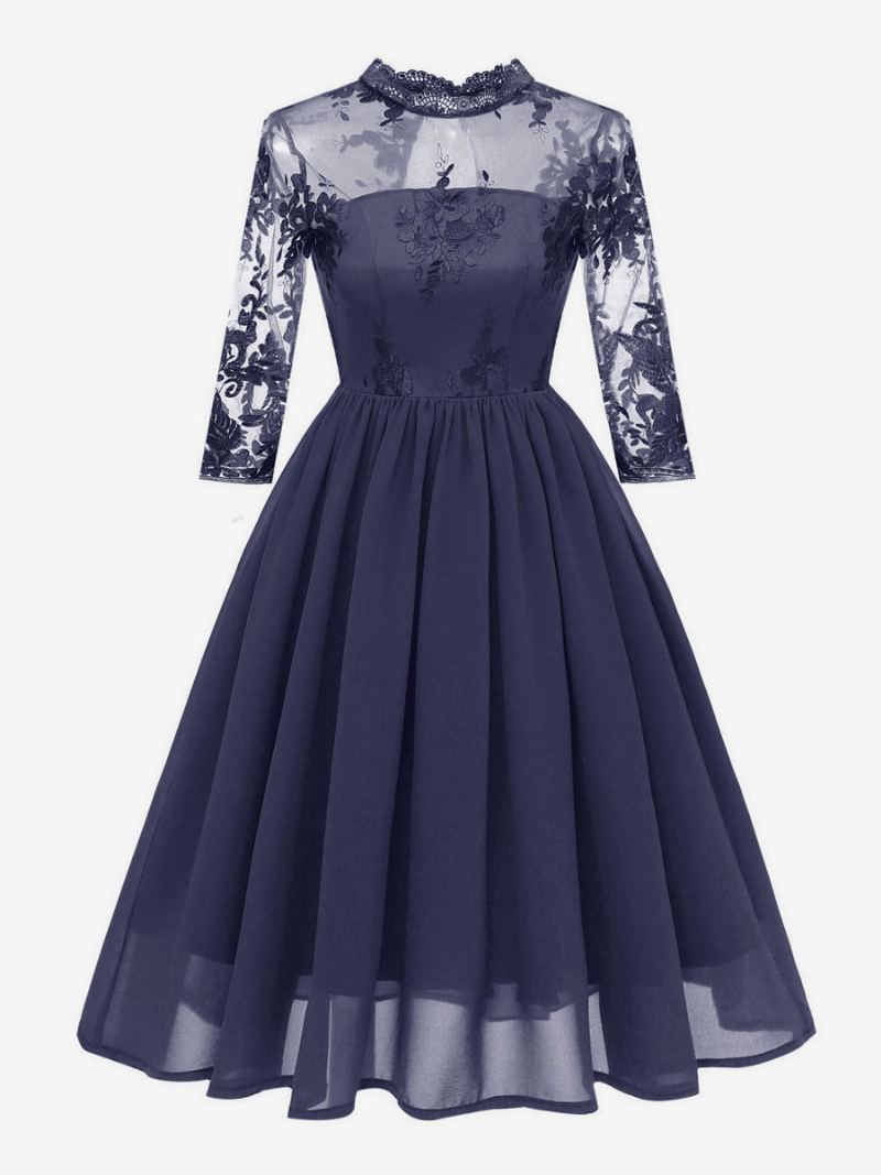 1950-talls Audrey Hepburn-stil Retrokjole Burgunder 3/4-lange Ermer Chiffongblonde Rockabilly-kjole - Mørk Navy