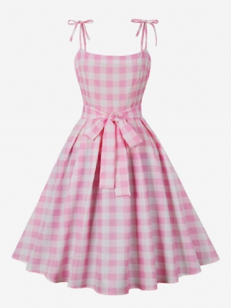 Barbie Rosa Gingham-kjole For Kvinner 1950-tallet Audrey Hepburn Ermeløs Rutete Vintagekjole