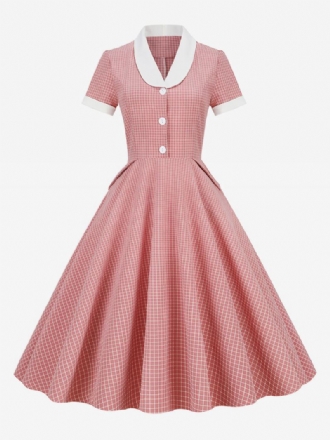 Barbie Rosa Gingham-kjole For Kvinner 1950-talls Audrey Hepburn-stil Kortermet Vintagekjole