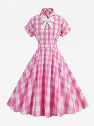 Barbie Rosa Gingham-kjole For Kvinner 1950-talls Kortermet Rutete Vintagekjole