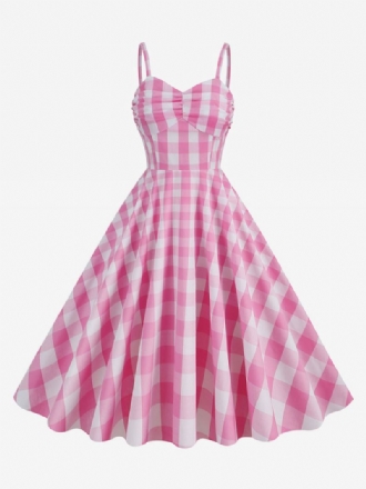 Barbie Rosa Gingham-kjole For Kvinner 1950-talls Plisserte Stropper Rutete Vintagekjole