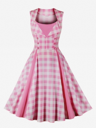 Barbie Rosa Gingham Vintagekjole For Kvinner 1950-tallet Audrey Hepburn Svingkjole