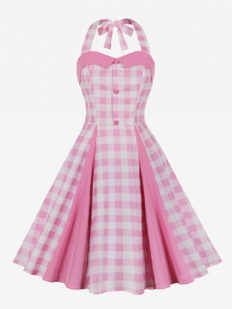 Barbie Rosa Gingham Vintagekjole For Kvinner 1950-talls Midi Grimekjole