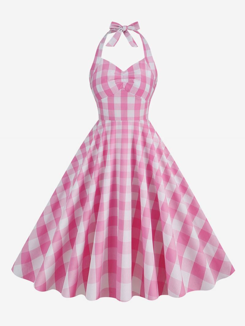 Dame Barbie Pink Gingham 1950-talls Rutete Plissert Grime Vintage Kjole