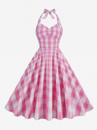 Dame Barbie Pink Gingham 1950-talls Rutete Plissert Grime Vintage Kjole