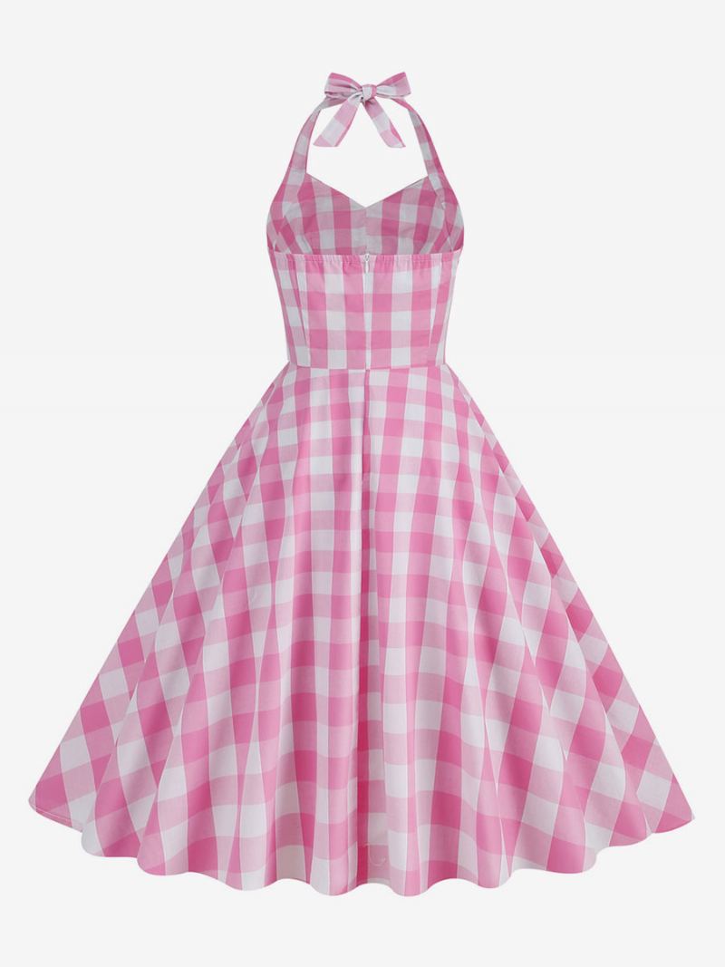 Dame Barbie Pink Gingham 1950-talls Rutete Plissert Grime Vintage Kjole - Rosa