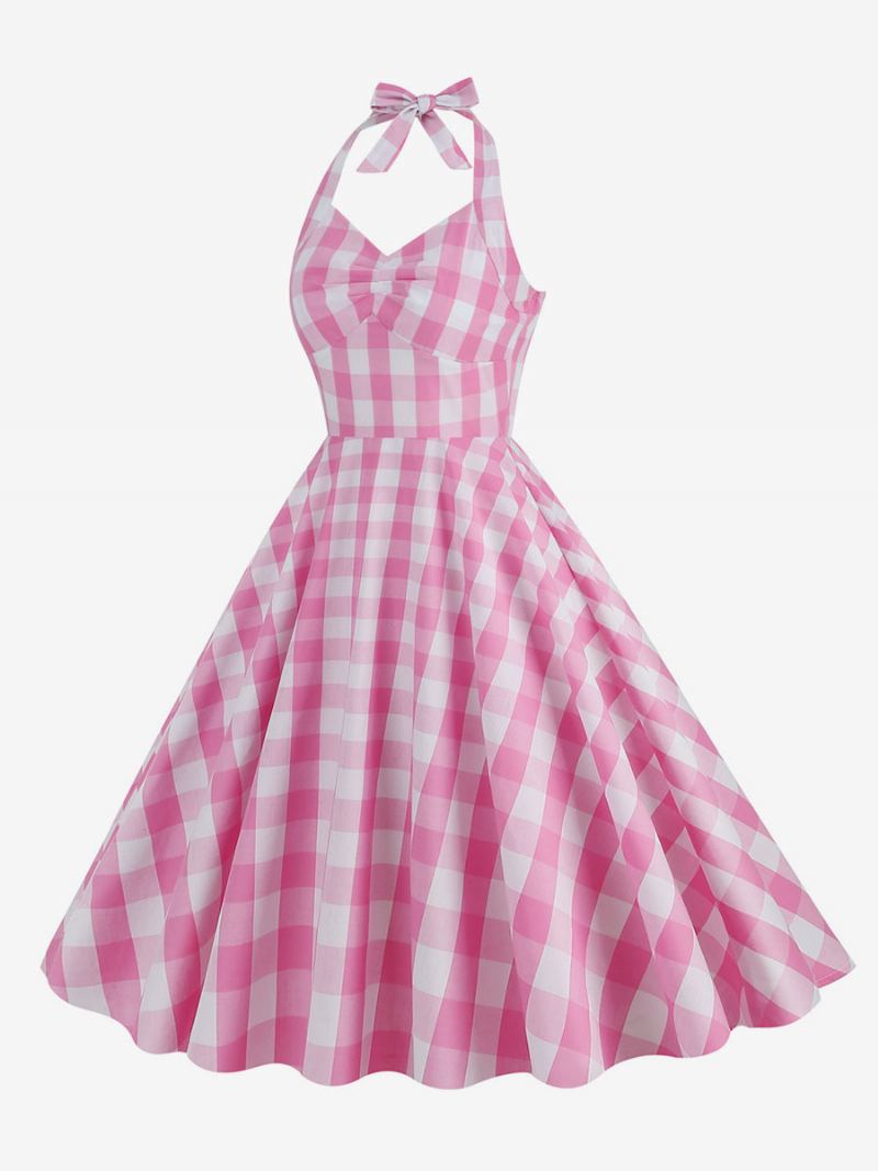 Dame Barbie Pink Gingham 1950-talls Rutete Plissert Grime Vintage Kjole - Rosa