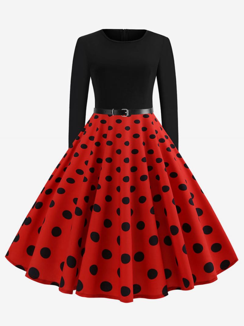 Dame Rød Polka Dot Vintage Kjole 1950-tallet Lange Ermer Rund Hals Rockabilly Kjoler Swing Retro