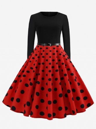 Dame Rød Polka Dot Vintage Kjole 1950-tallet Lange Ermer Rund Hals Rockabilly Kjoler Swing Retro