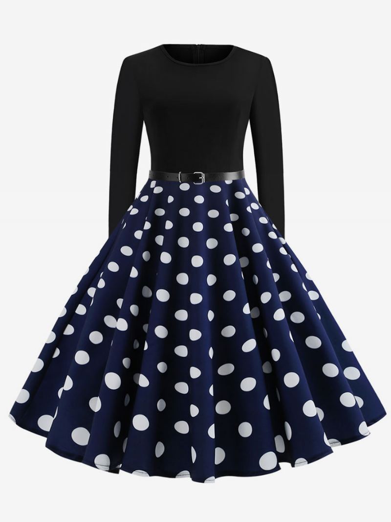 Dame Rød Polka Dot Vintage Kjole 1950-tallet Lange Ermer Rund Hals Rockabilly Kjoler Swing Retro - Blå