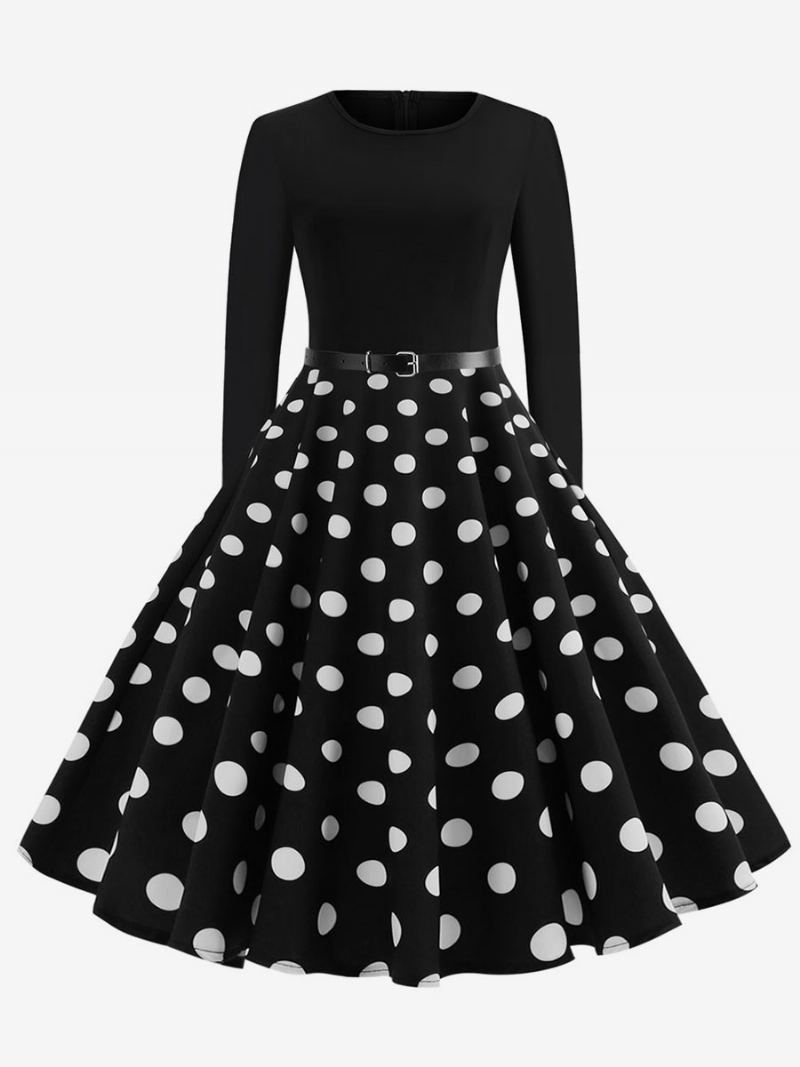 Dame Rød Polka Dot Vintage Kjole 1950-tallet Lange Ermer Rund Hals Rockabilly Kjoler Swing Retro - Sort