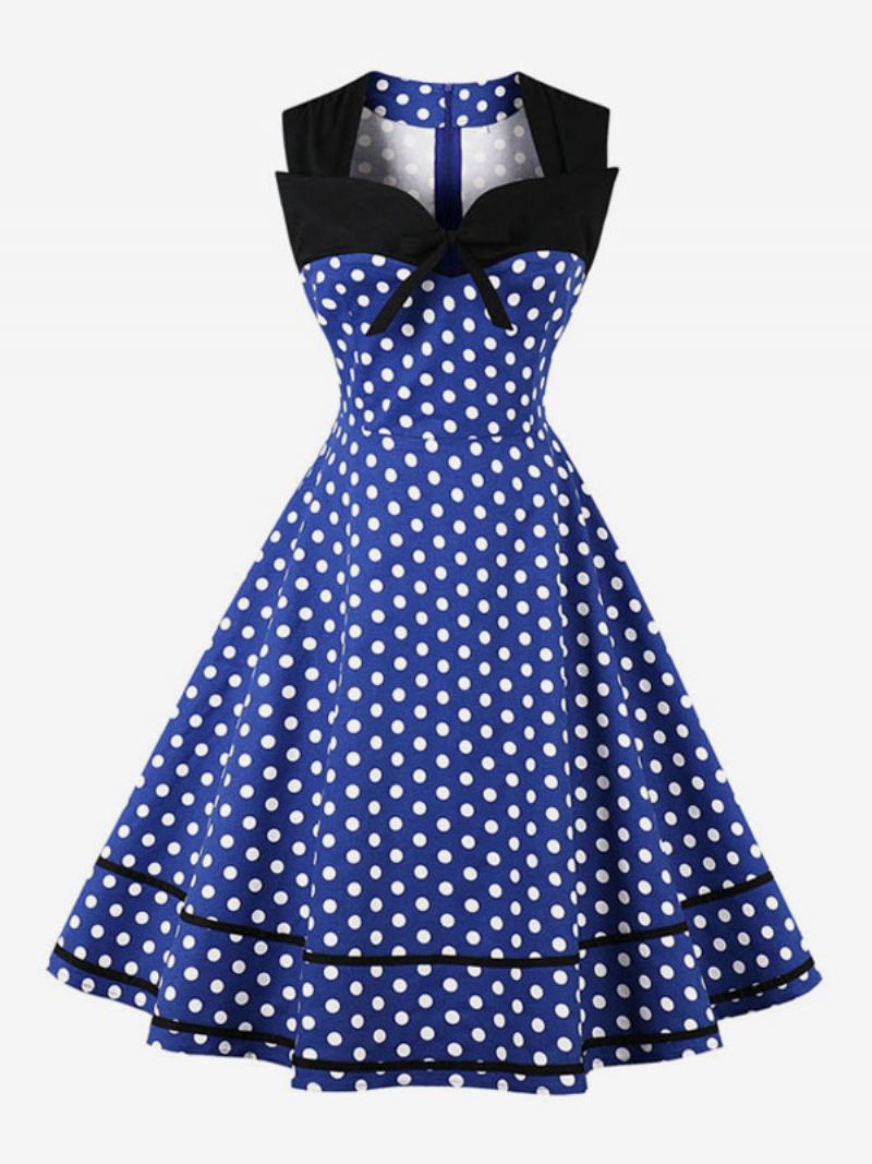 Kvinner Vintage Kjole Polka Dot Bows Sweetheart Swingless Swing Summer Dress - Blå