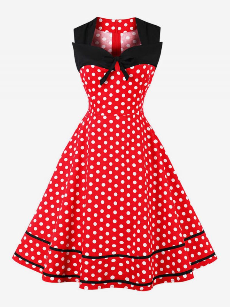 Kvinner Vintage Kjole Polka Dot Bows Sweetheart Swingless Swing Summer Dress - Ture Rød