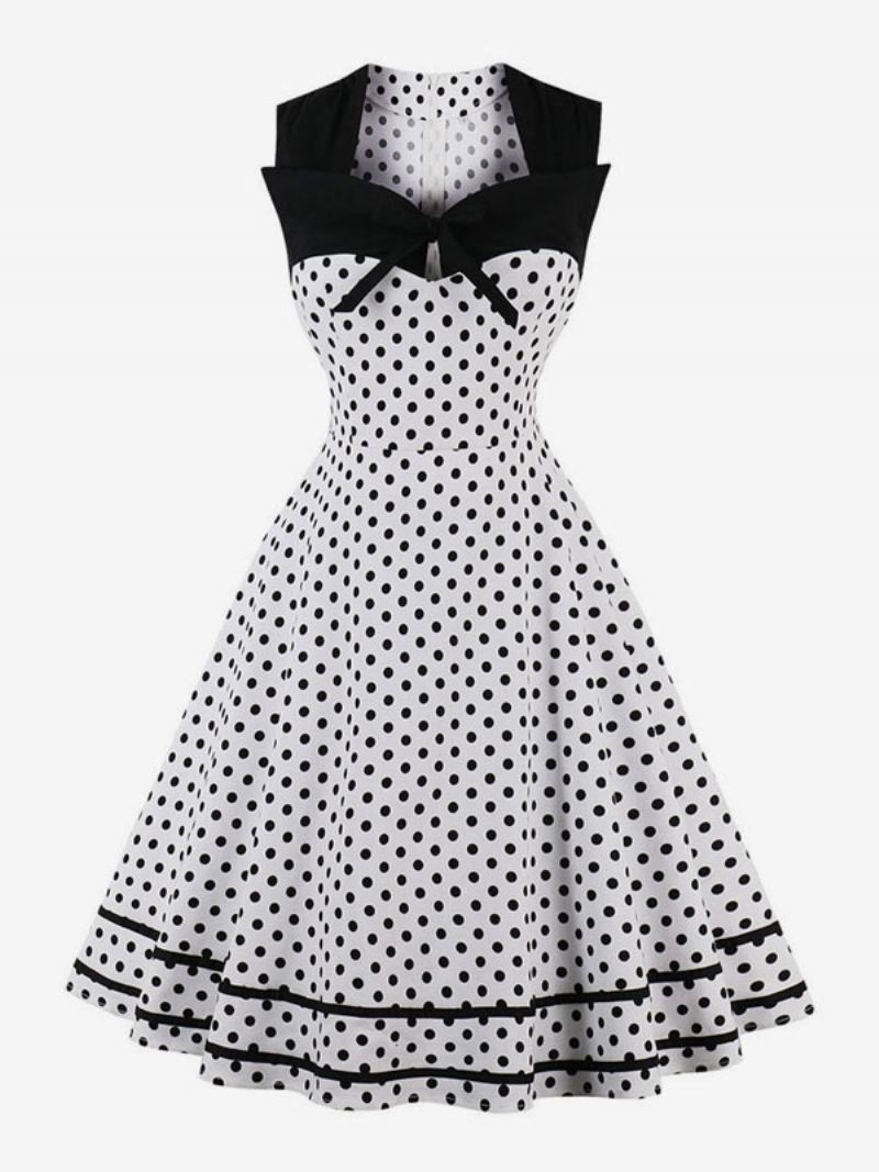 Kvinner Vintage Kjole Polka Dot Bows Sweetheart Swingless Swing Summer Dress - Hvit