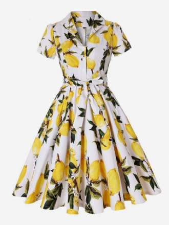 Kvinners 1950-talls Audrey Hepburn-stil Vintagekjole V-hals Korte Ermer Knelengde Blomstertrykt Rockabilly-kjole