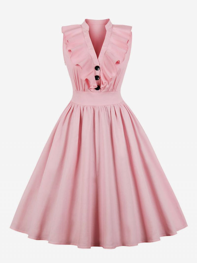 Kvinners Rosa Vintagekjole V-hals Volanger Knapper Cotton Swing Sommerkjole