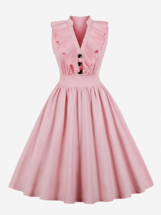 Kvinners Rosa Vintagekjole V-hals Volanger Knapper Cotton Swing Sommerkjole