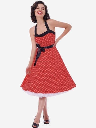 Polka Dot Vintage Kjoler For Kvinner Halter Bues Backless Cotton Retro Pin Up Dress