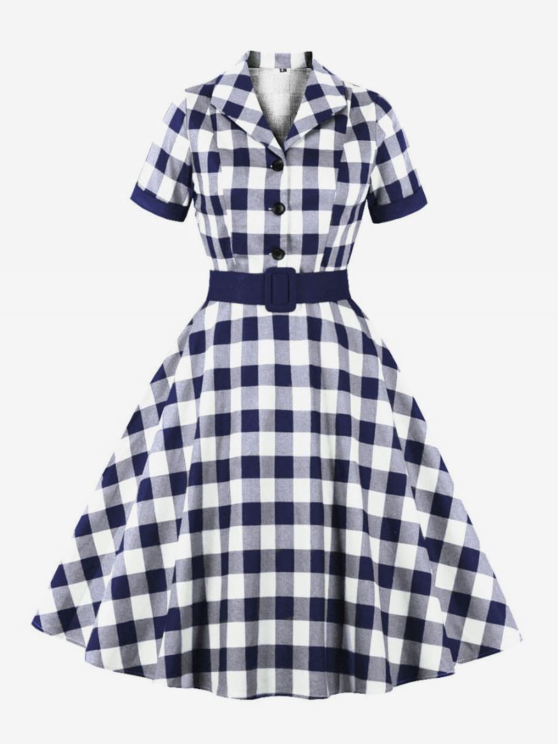 Retro Kjole 1950-talls Audrey Hepburn-stil Blå Grå Dame Kortermet Rockabilly - Dyp Blå