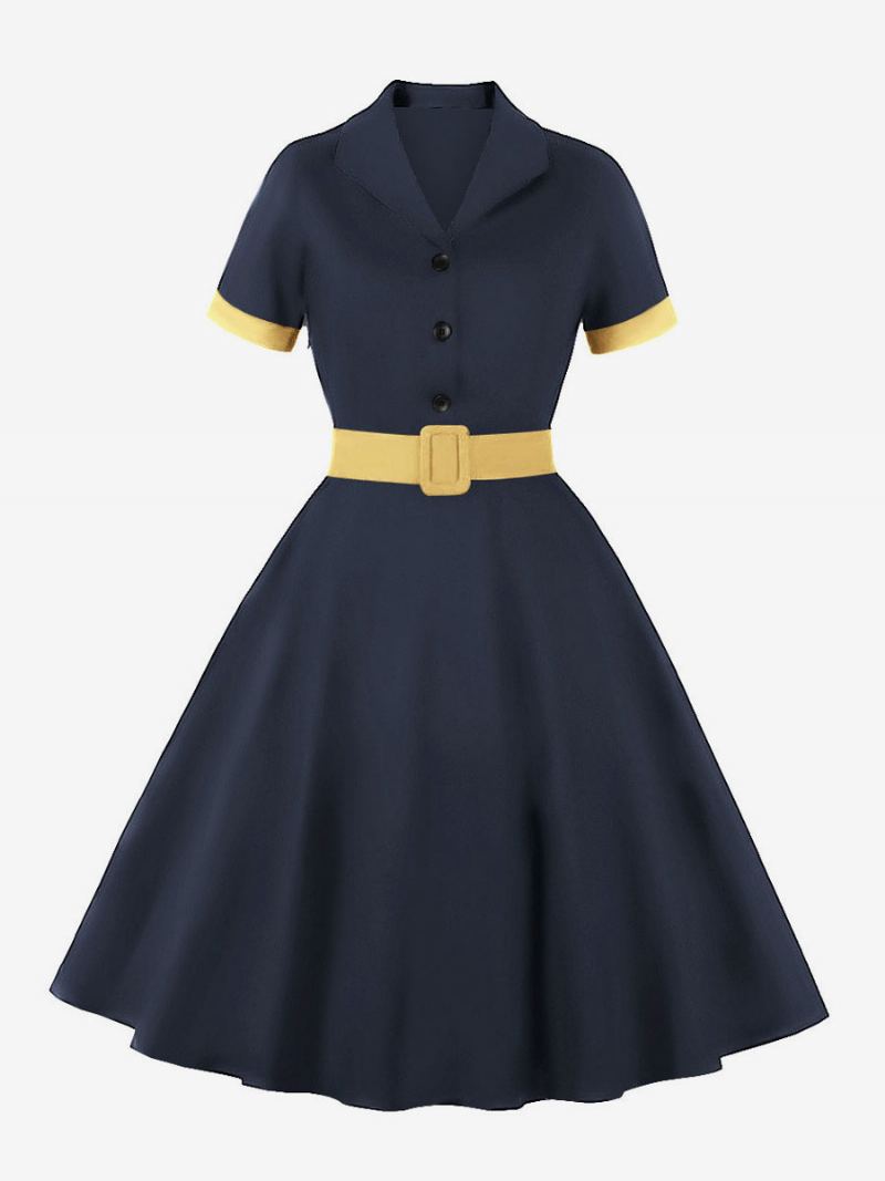 Retro Kjole 1950-talls Audrey Hepburn-stil Blå Grå Dame Kortermet Rockabilly - Blågrå