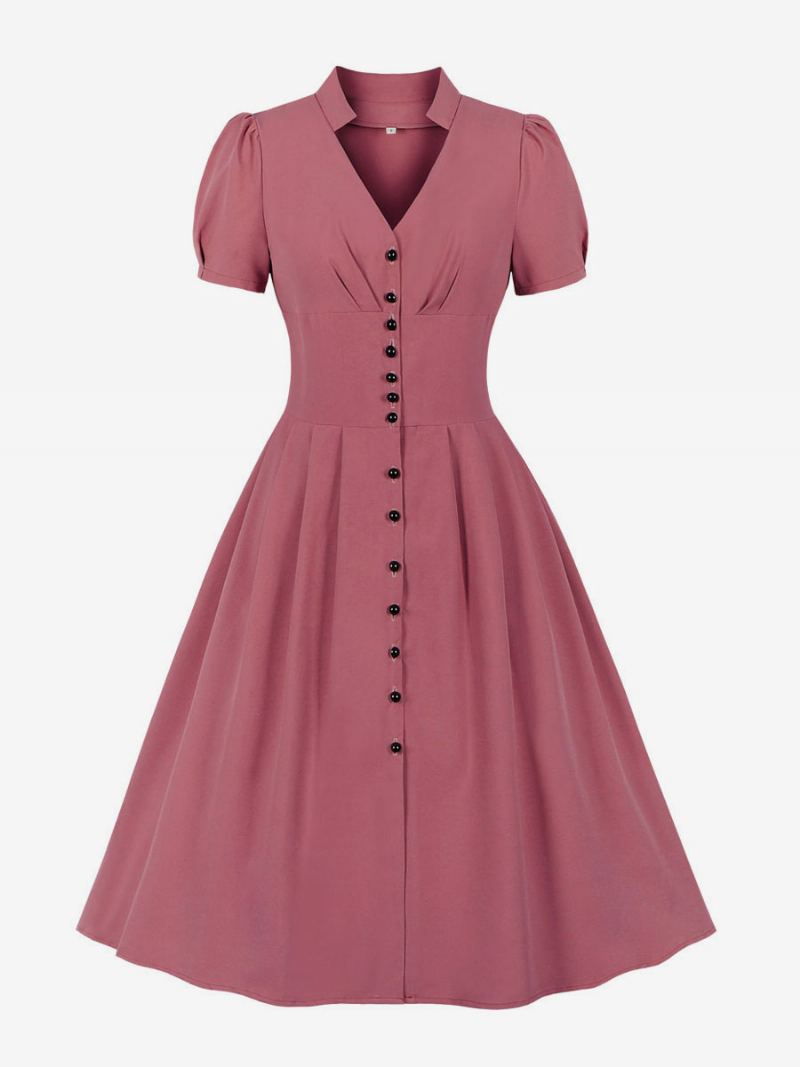 Retro Kjole 1950-talls Audrey Hepburn-stil Rosa Kvinner Med Korte Ermer V-hals Svingkjole