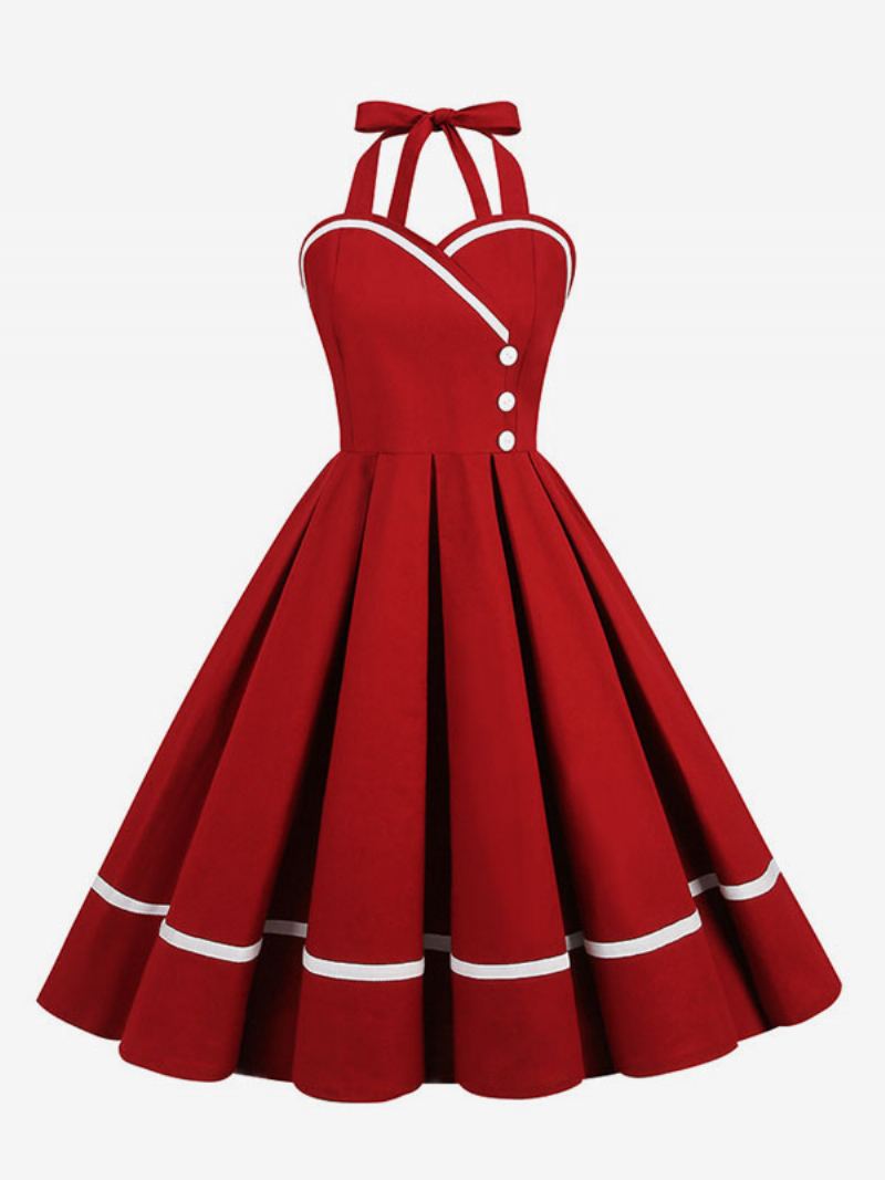 Retro-kjole For Kvinner 1950-talls Audrey Hepburn-stil Burgunder Lagdelte Knapper Ermeløs Sweetheart Neck Swing Dress